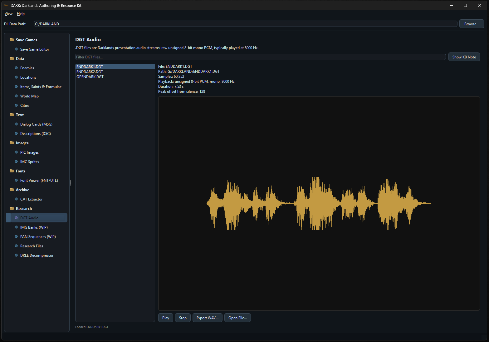 DGT Audio player showing ENDDARK1.DGT waveform with playback controls