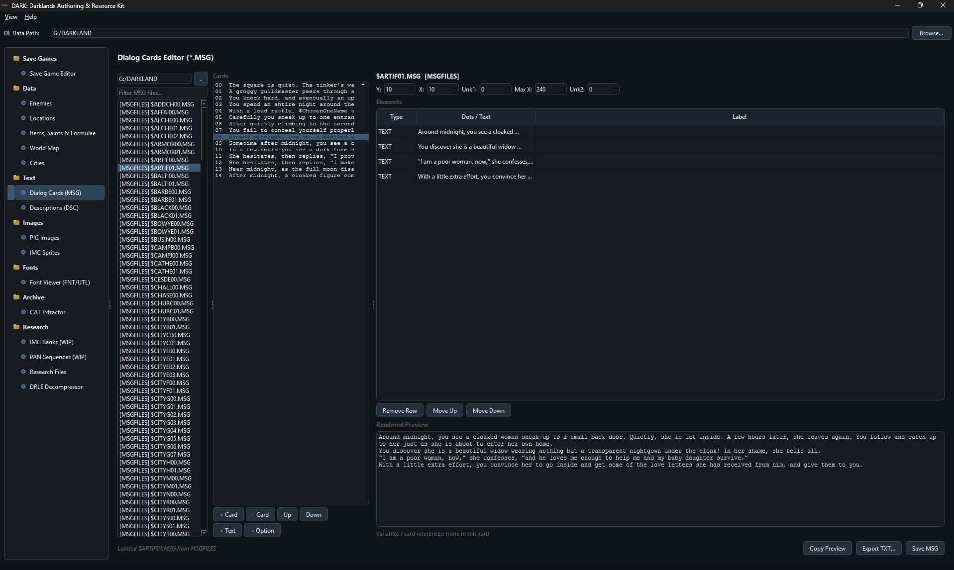 Dialog Cards editor showing a branching conversation with rendered preview