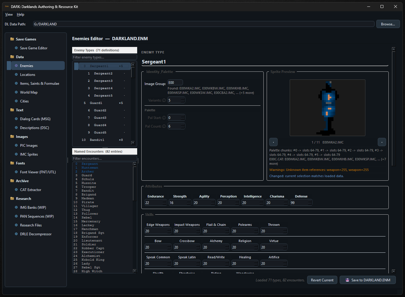 Enemies editor showing Sergeant1 with sprite preview, attributes and skills
