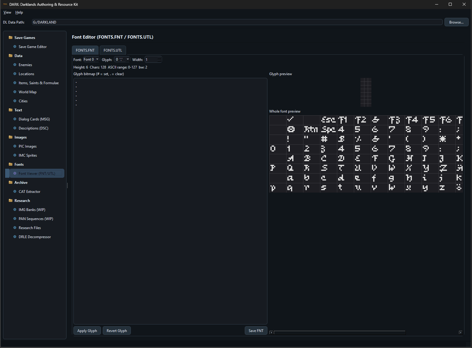 Font Editor showing the complete Darklands glyph set with editable bitmap grid