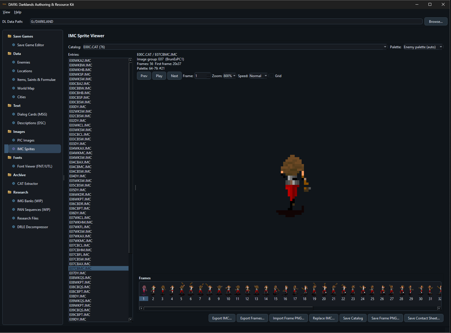 IMC Sprite Viewer showing an animated enemy with frame strip