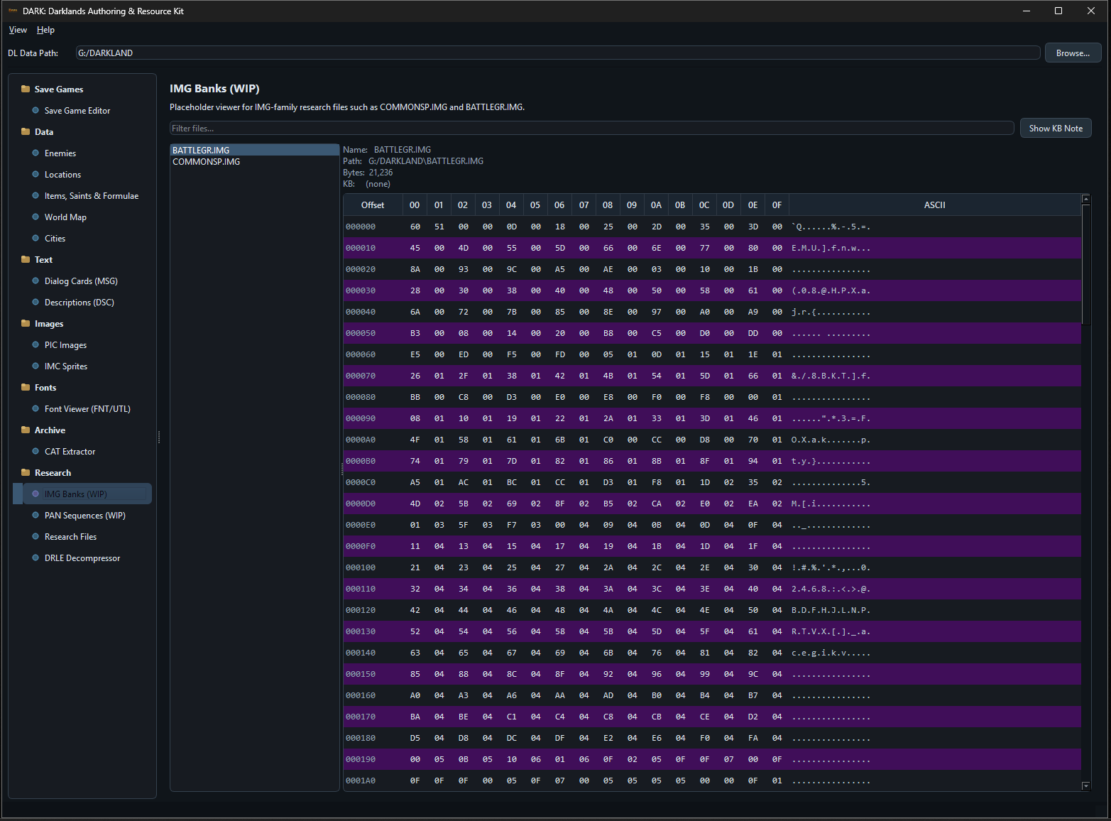 IMG Banks research viewer showing BATTLEGR.IMG in hex view