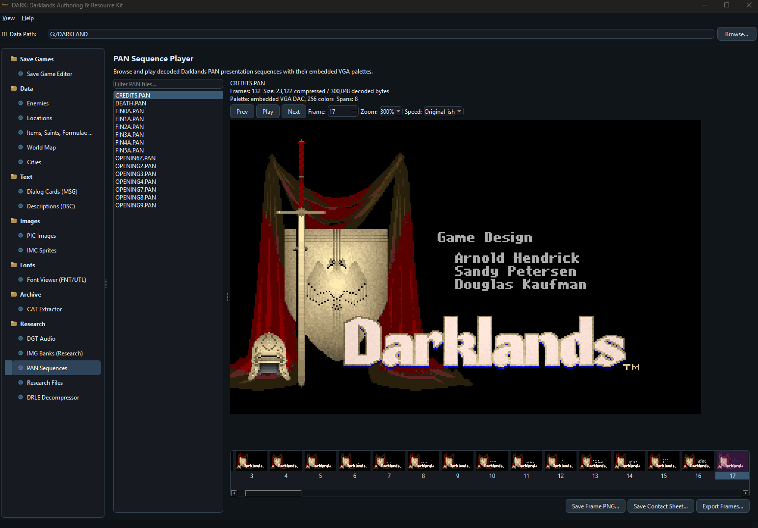PAN Sequence Player showing the Darklands title sequence