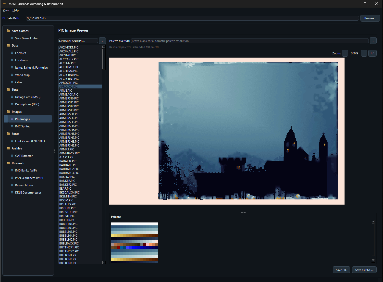 PIC Image Viewer showing a night scene with a cathedral silhouette