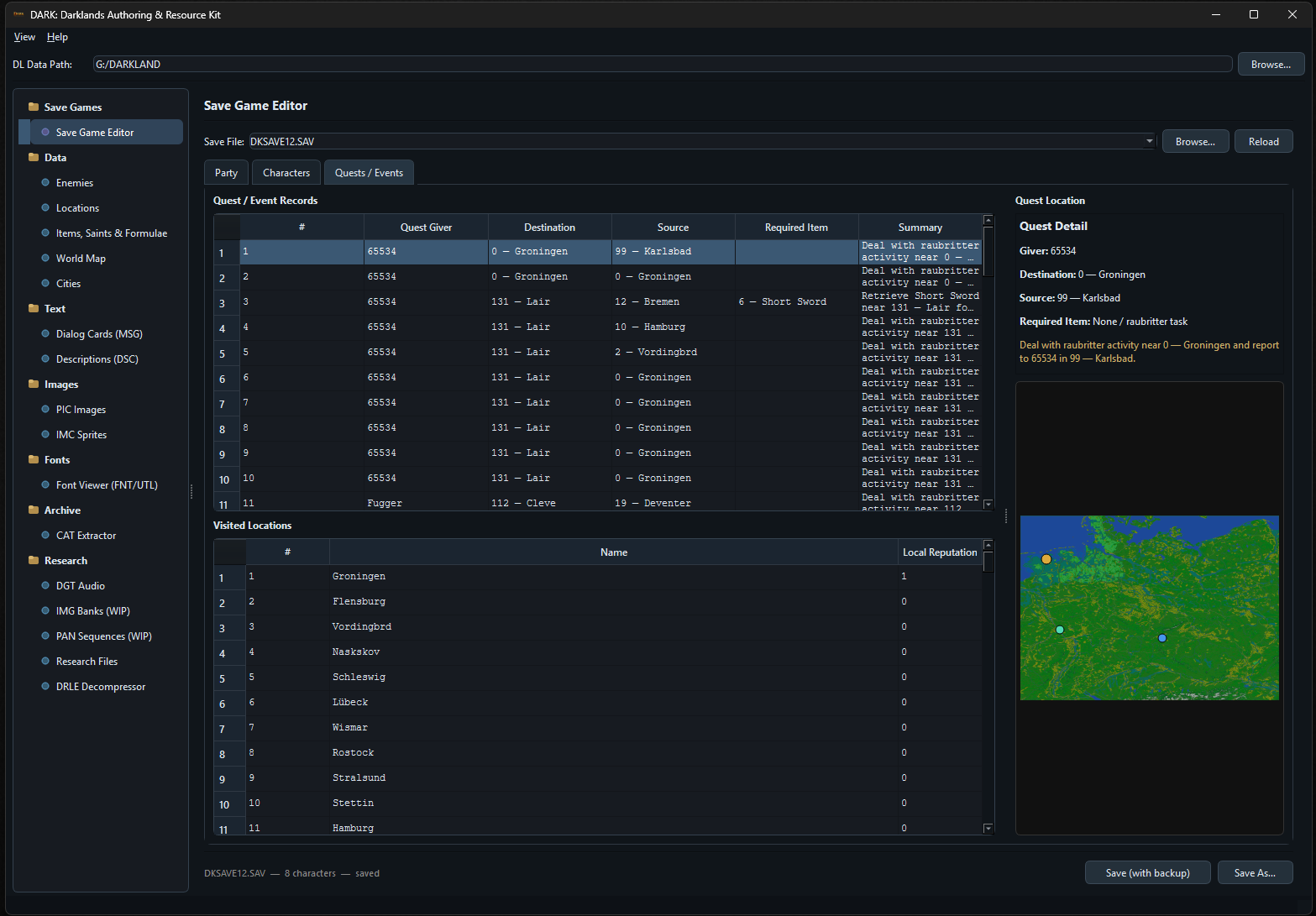 Save Game Editor showing the Quests / Events tab with mini-map locator