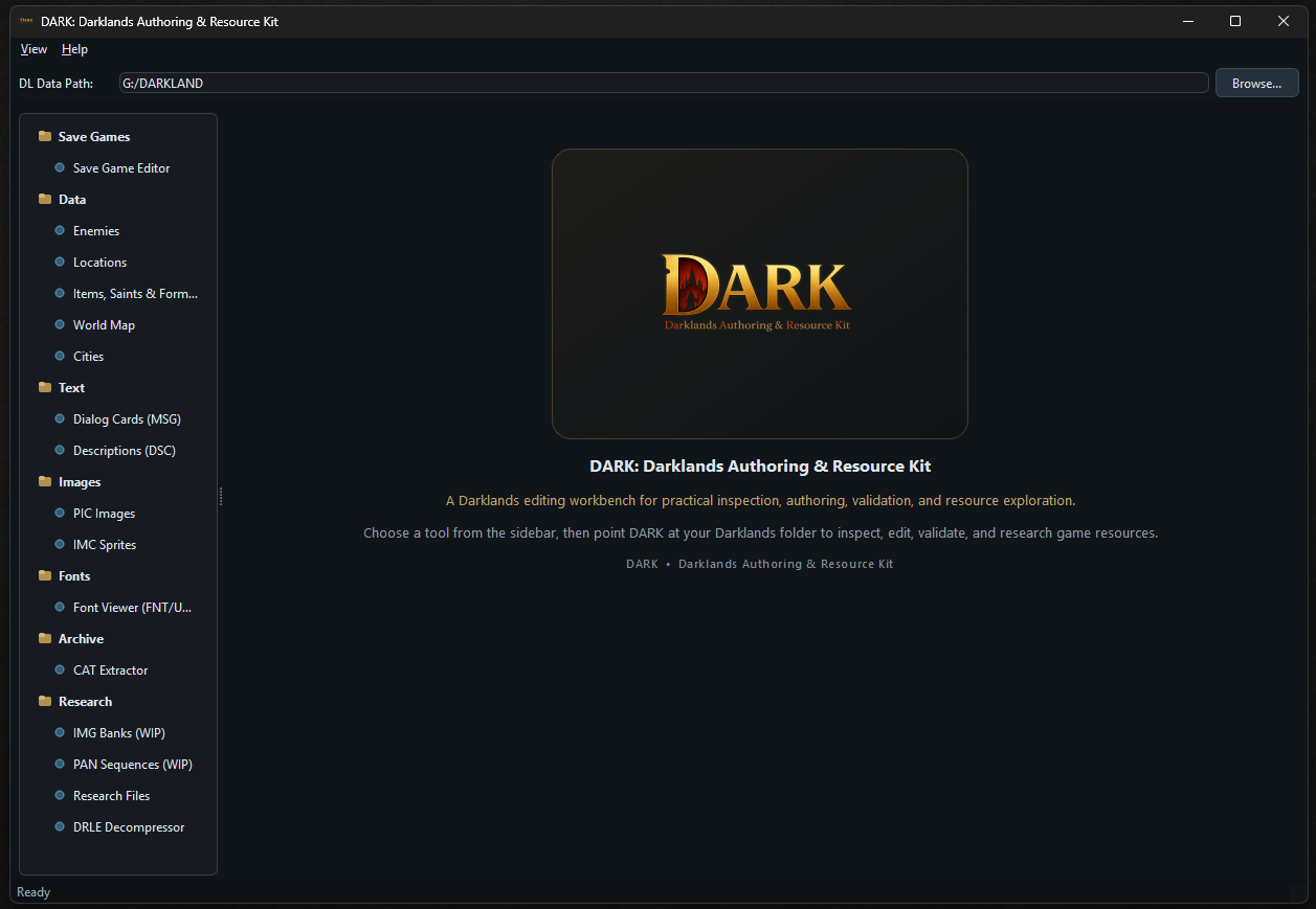 DARK welcome screen showing the full sidebar navigation
