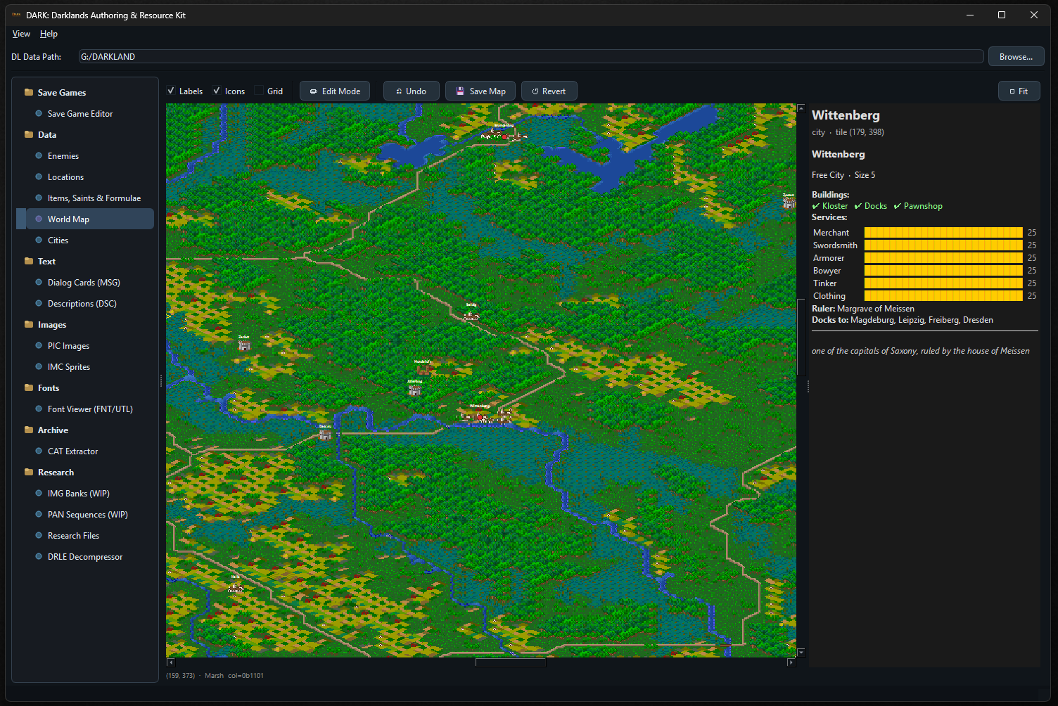 World Map editor showing Wittenberg selected with full city data panel