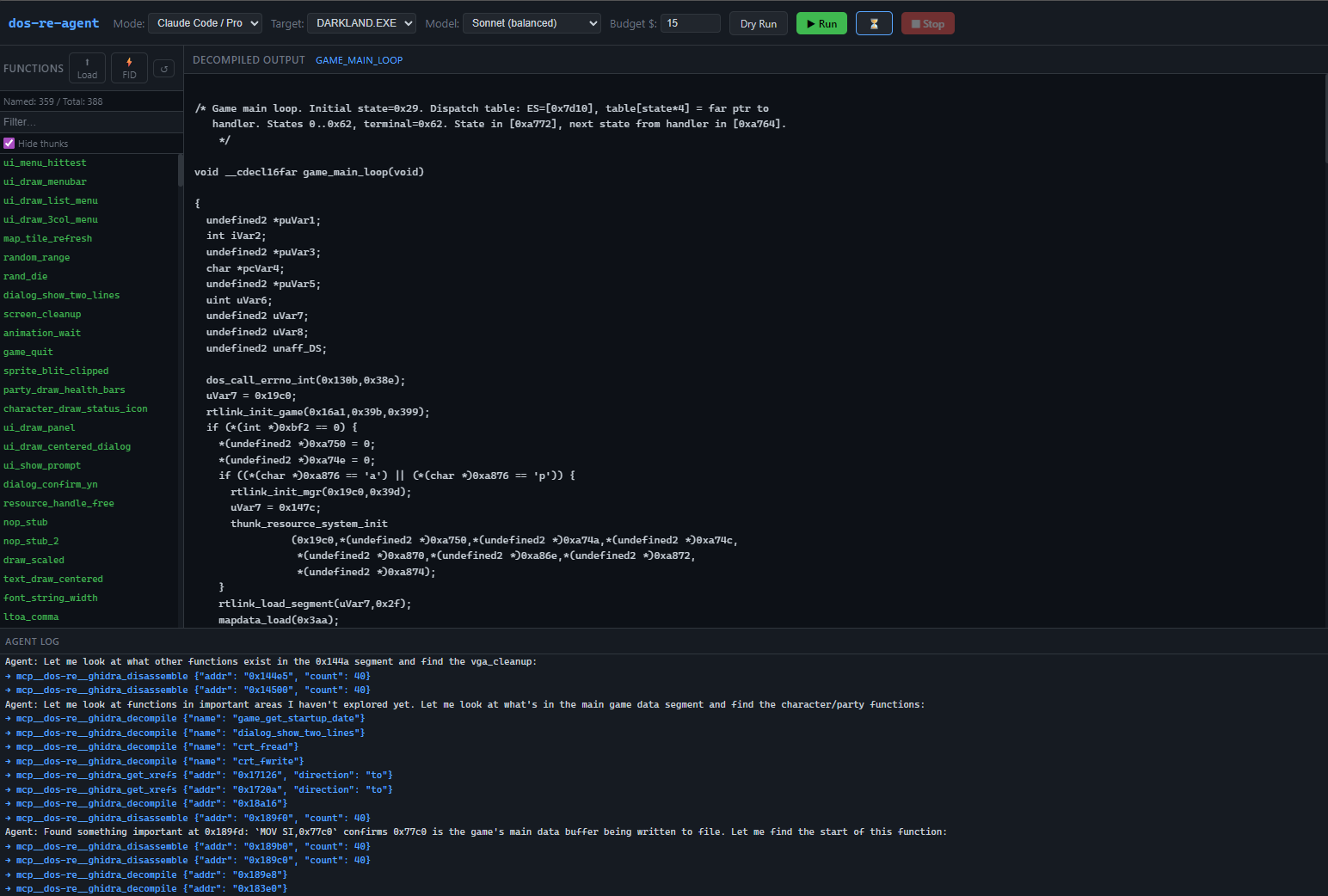 The dos-re-agent dashboard showing game_main_loop decompiled alongside live agent tool calls