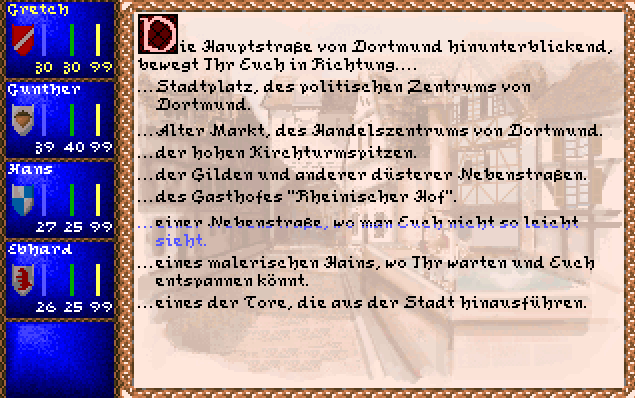 A German in-game city screen. These localized labels and landmark names ended up being some of the strongest clues for interpreting ambiguous CTY-only fields.
