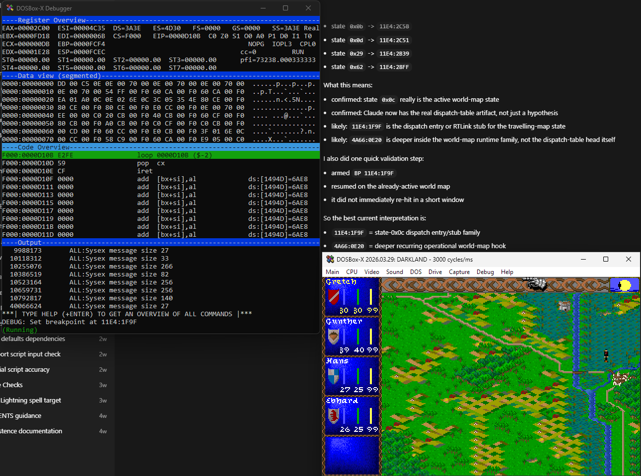 Custom DOSBox-X running Darklands on the world map with the debug socket active and register state visible