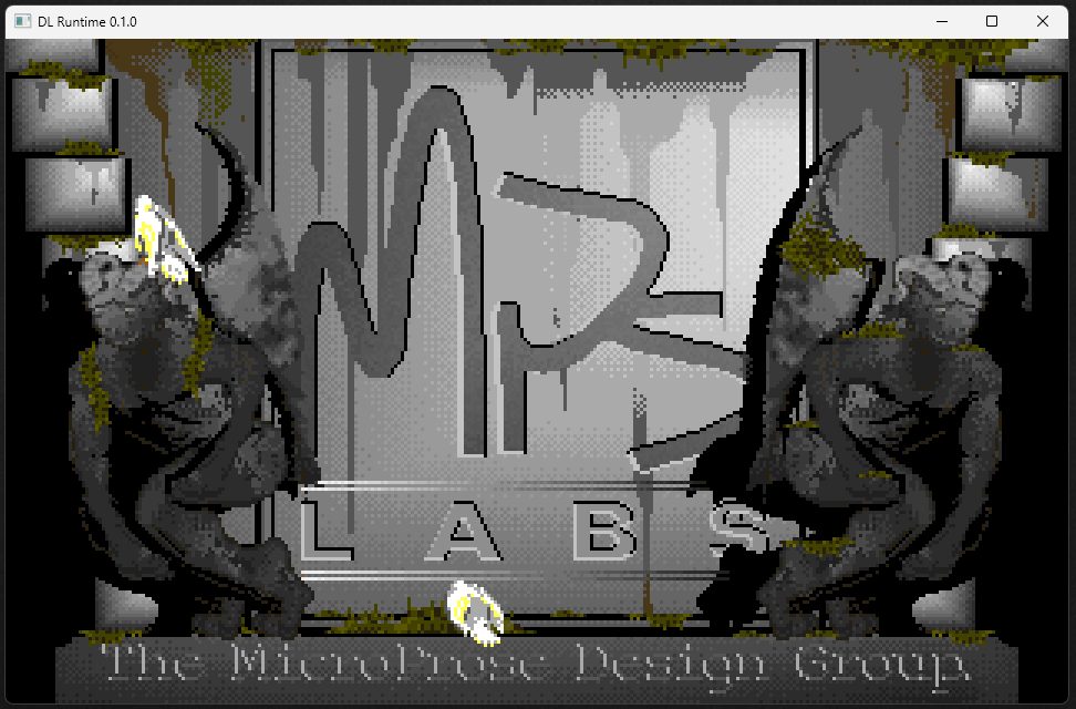 A frame from OPENING2.PAN, the first scene in the intro sequence. The gargoyles and the MicroProse Design Group title, decoded by the engine and presented by the SDL host.