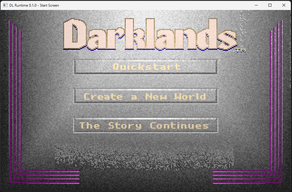 The start screen, reached at the end of the intro sequence. Quickstart, Create a New World, and The Story Continues are all mapped and confirmed.