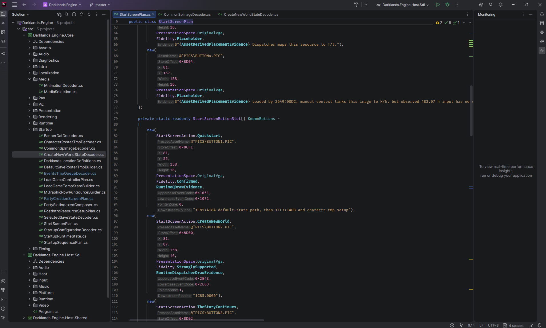 The C# reimplementation open in Rider. Core behavioral classes on the left, the SDL host on the right: two separate projects that share nothing except the event contract.